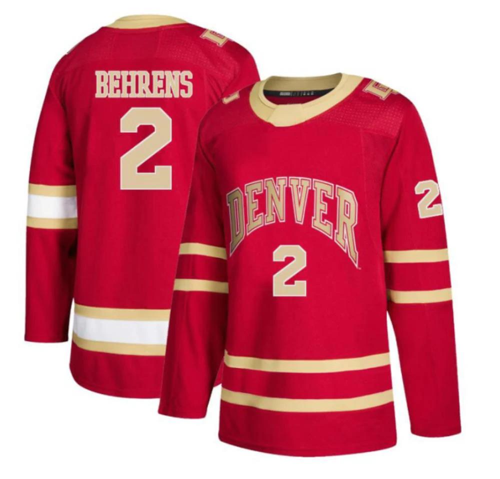 Men's Sean Behrens #2 Denver Pioneers College Hockey Stitche Burgundy Jersey by Hockey David