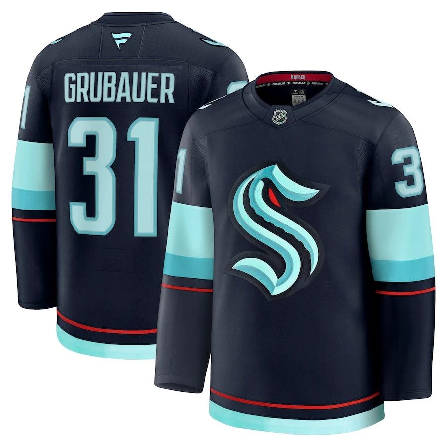 Men's Seattle Kraken #31 Philipp Grubauer Home Premium Jersey Deep Sea Blue by Hockey David