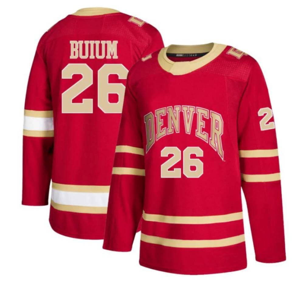 Men's Shai Buium #26 Denver Pioneers College Hockey Stitched Crimson Jersey by Hockey David