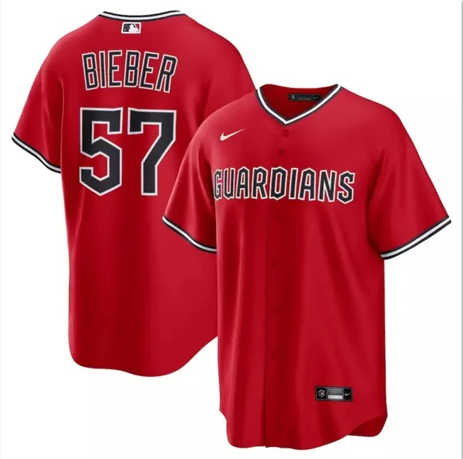 Men's Shane Bieber Red Cool Base Limited Stitched Jersey #57 by My Store