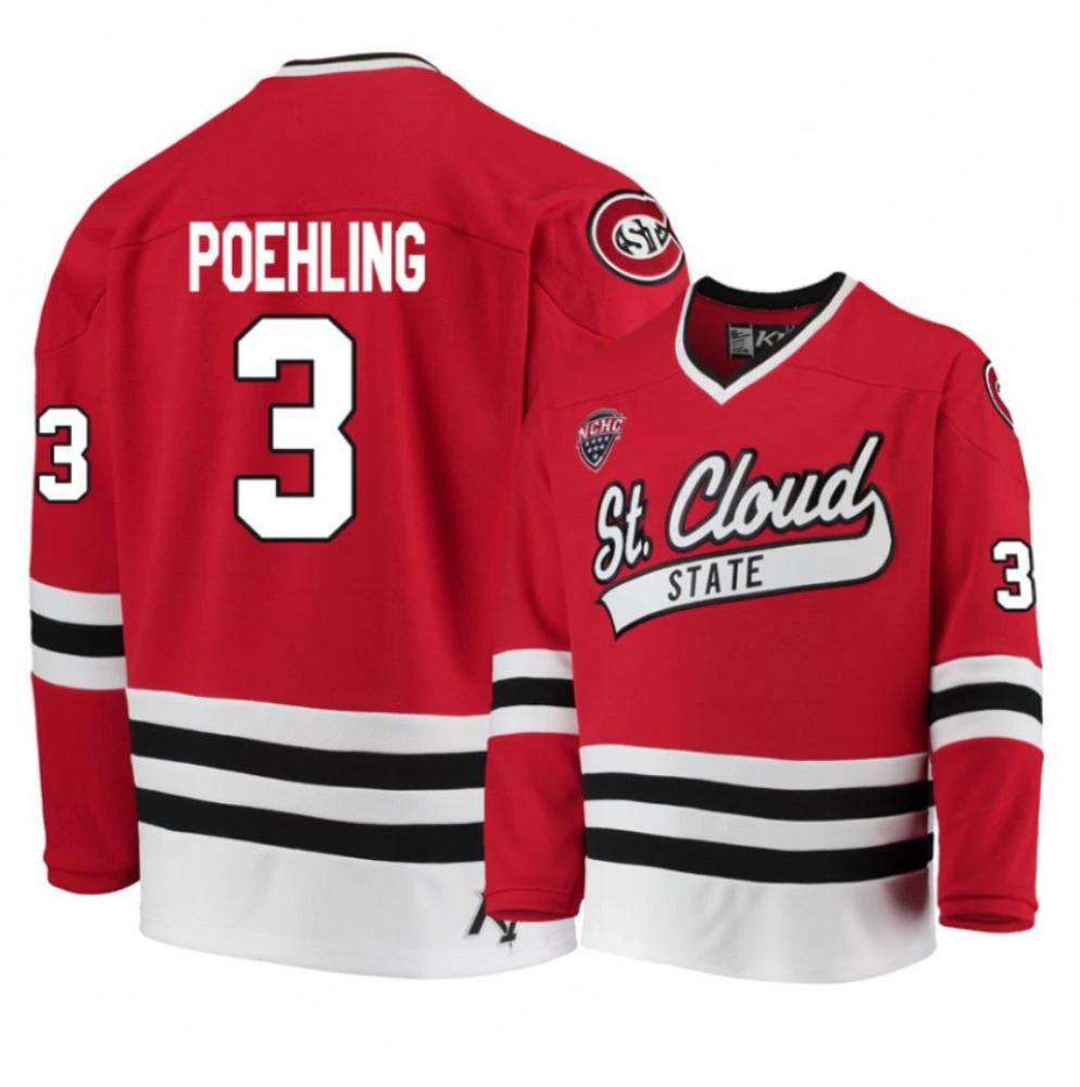 Men's St. Cloud State Huskies #3 Jack Poehling Hockey All Stitched Red Jersey by Hockey David