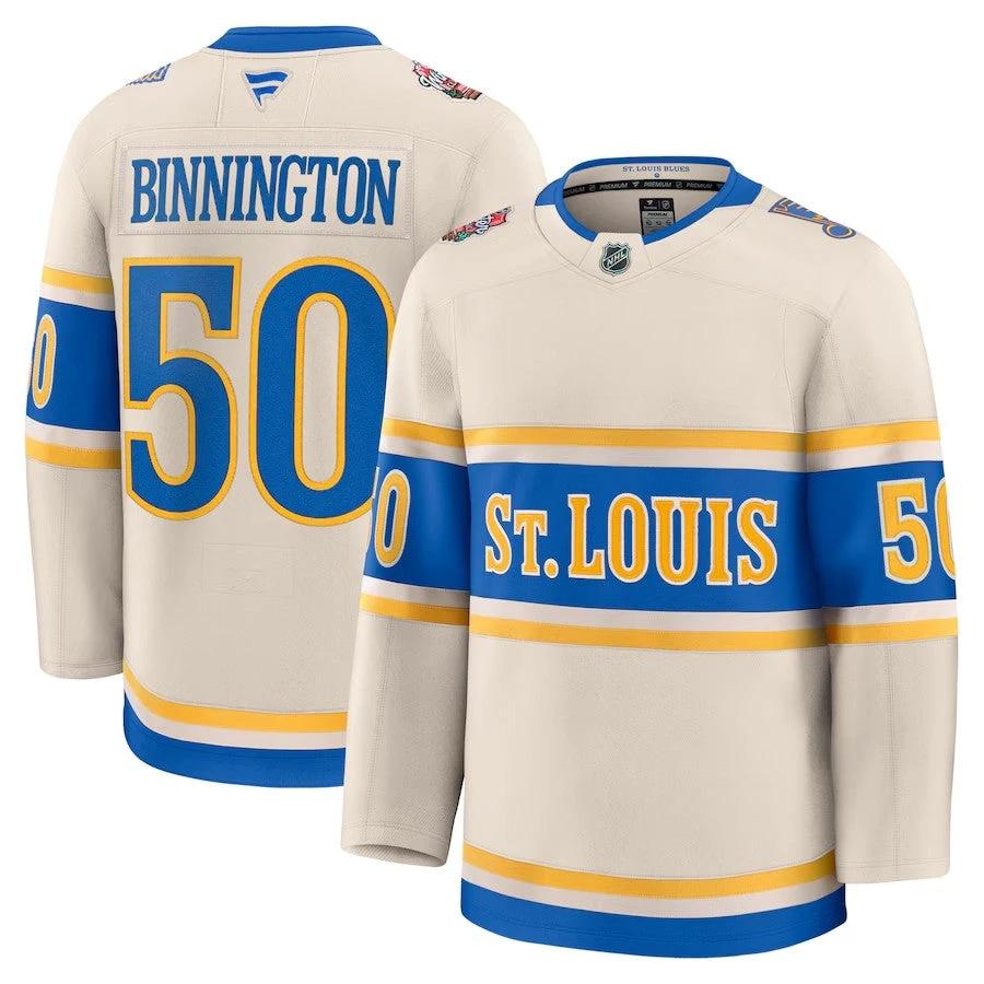 Men's St. Louis Blues #50 Jordan Binnington 2025 NHL Winter Classic Premium Cream Jersey by Hockey David