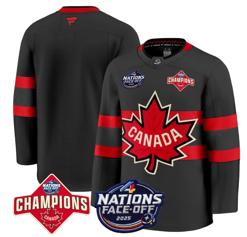 Men's Team Jersey Canada 4 Nations Face-Off 2025 Champions Patch Stitched Black by Hockey David