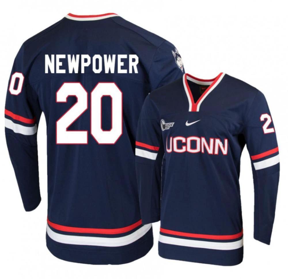 Men's UConn Huskies #20 Wyatt Newpower College Hockey All Stitched Navy Jersey by Hockey David