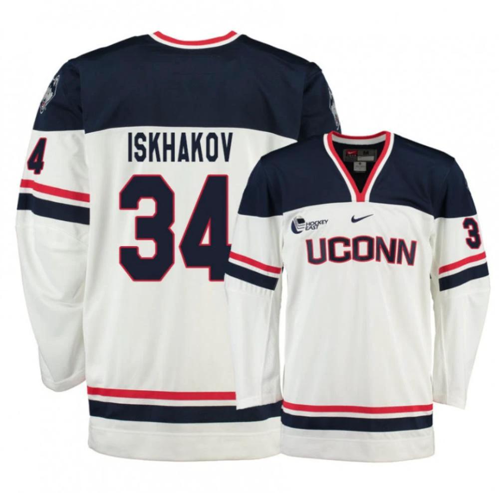 Men's UConn Huskies #34 Ruslan Iskhakov College Hockey All Stitched White Jersey by Hockey David
