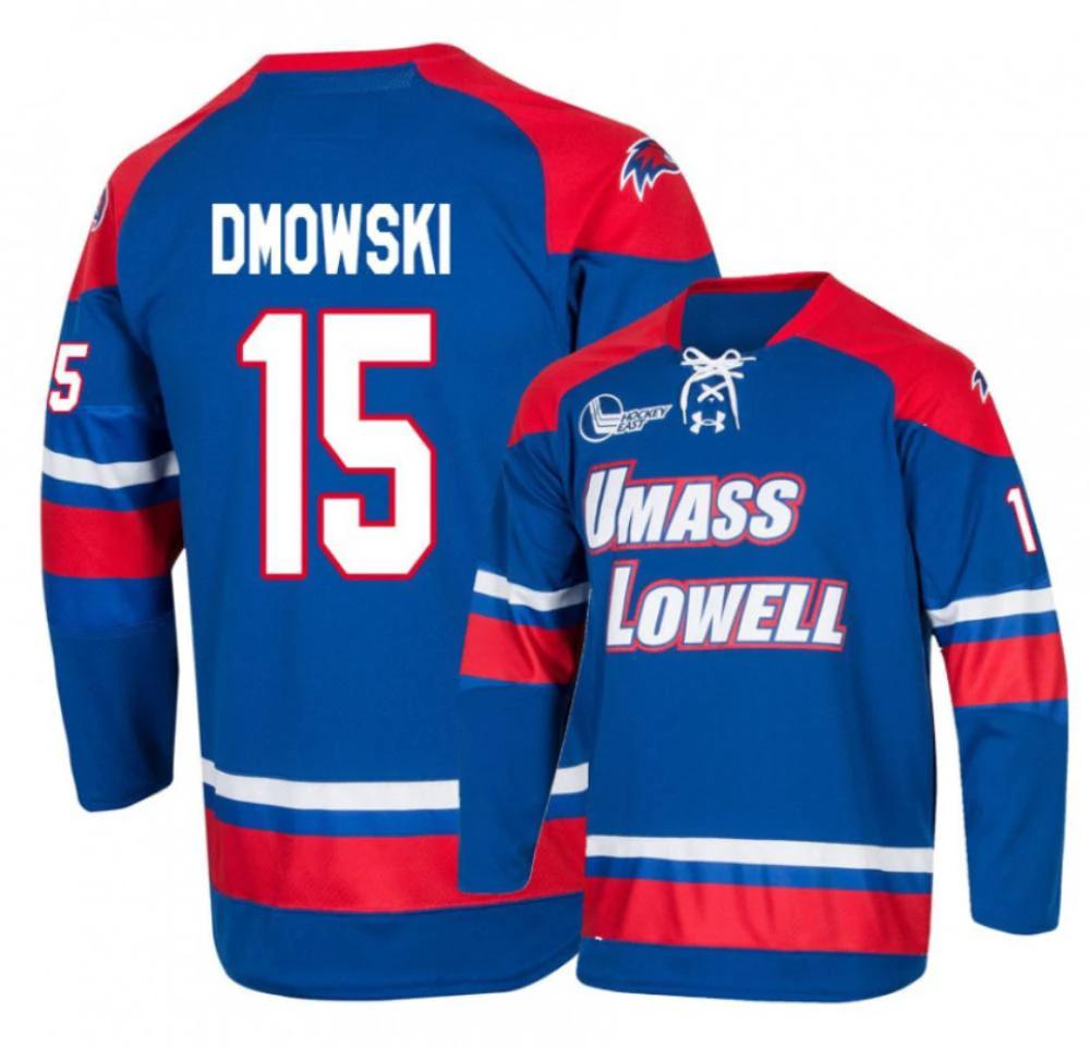 Men's UMass Lowell River Hawks #15 Ryan Dmowski College Hockey Blue Jersey by Hockey David