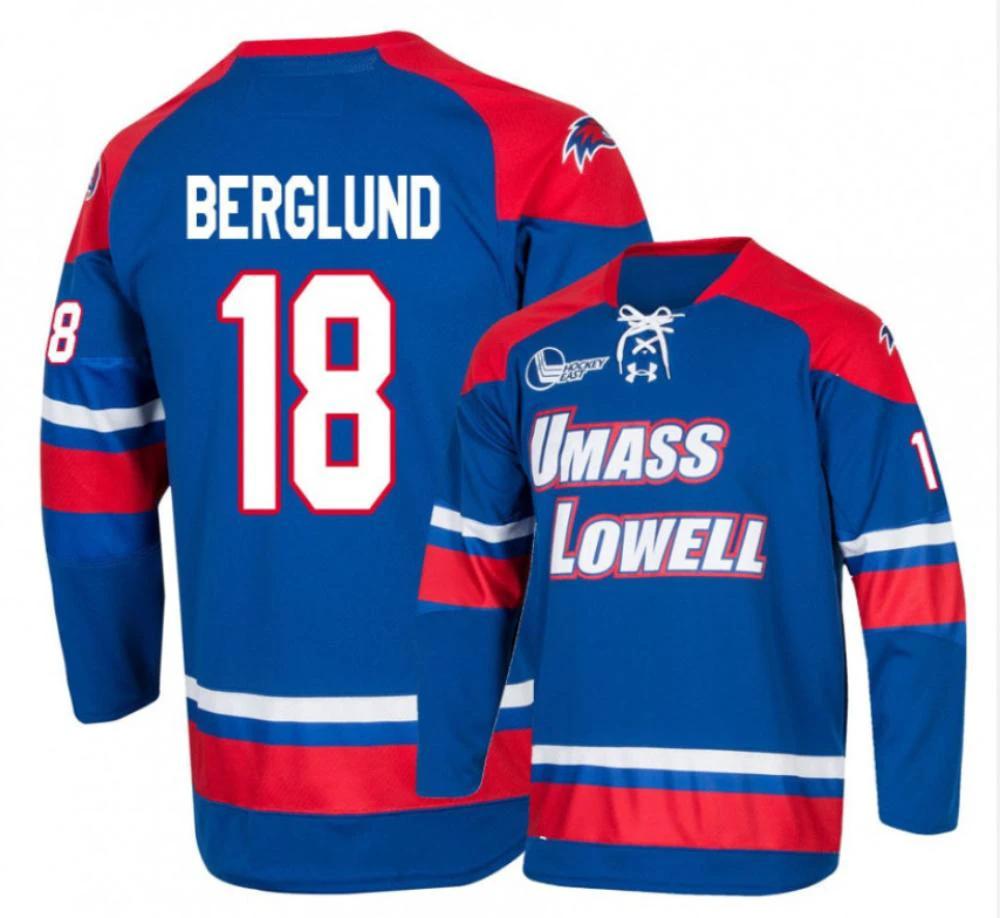Men's UMass Lowell River Hawks #18 Carl Berglund College Hockey Blue Jersey by Hockey David