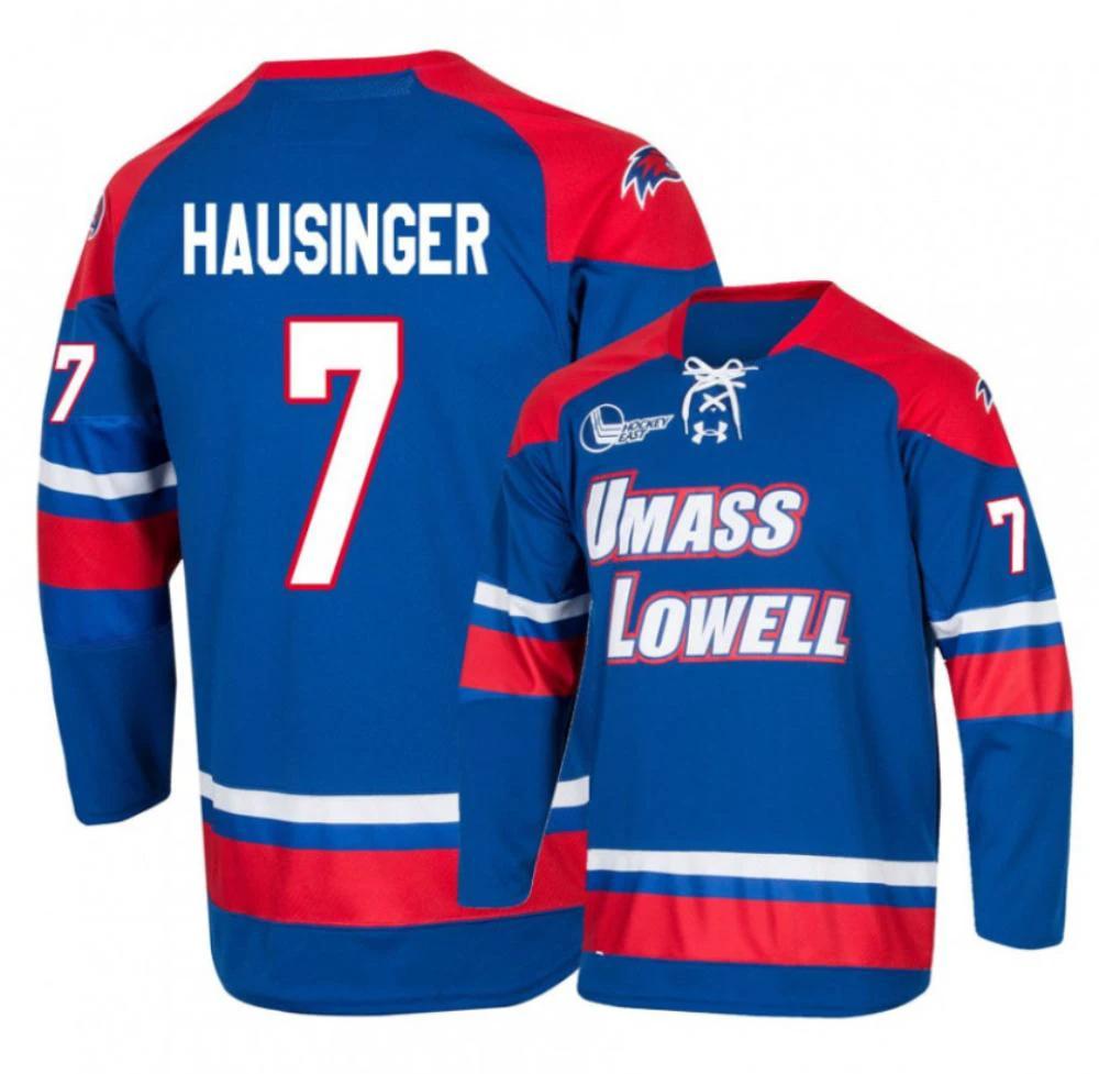 Men's UMass Lowell River Hawks #7 Kenny Hausinger College Hockey Blue Jersey by Hockey David