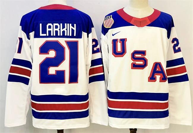 Men's USA #21 Dylan Larkin White 2025-2026 Stitched Jersey by Hockey David
