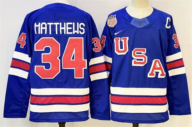 Men's USA #34 Auston Matthews Royal 2025-2026 With C Patch Stitched Jersey by Hockey David