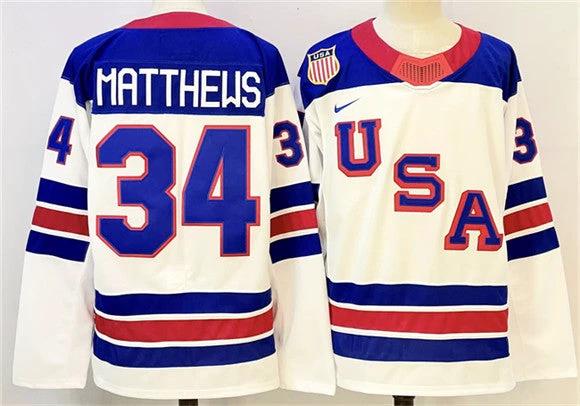 Men's USA #34 Auston Matthews White 2025-2026 Stitched Jersey by Hockey David