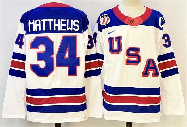 Men's USA #34 Auston Matthews White 2025-2026 With C Patch Stitched Jersey by Hockey David
