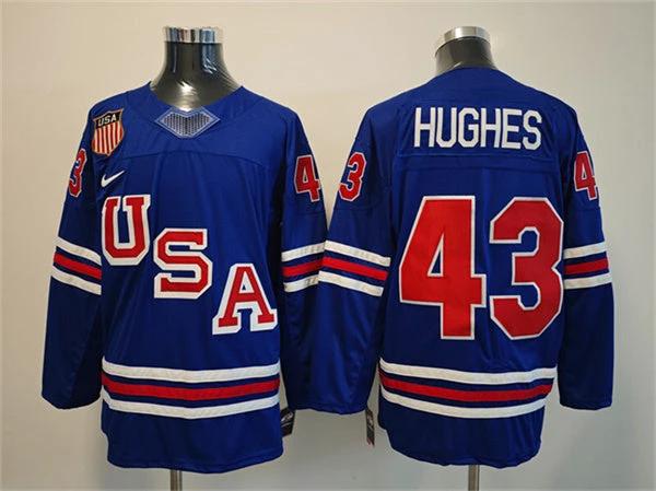 Men's USA #43 Quinn Hughes Royal 2025-2026 Stitched Jersey by Hockey David