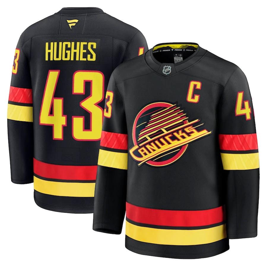 Men's Vancouver Canucks #43 Quinn Hughes Alternate Jersey Black by Hockey David