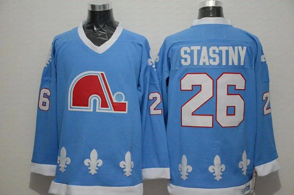 Men's Vintage Peter Stastny Jersey #26 Quebec Nordiques Stitched Light Blue by Hockey David
