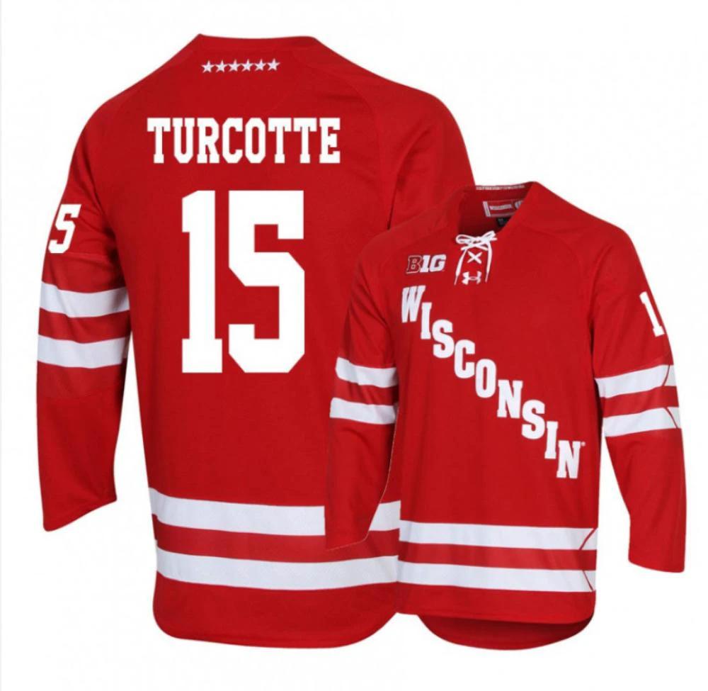 Men's Wisconsin Badgers #15 Alex Turcotte College Hockey All Stitched Red Jersey by Hockey David