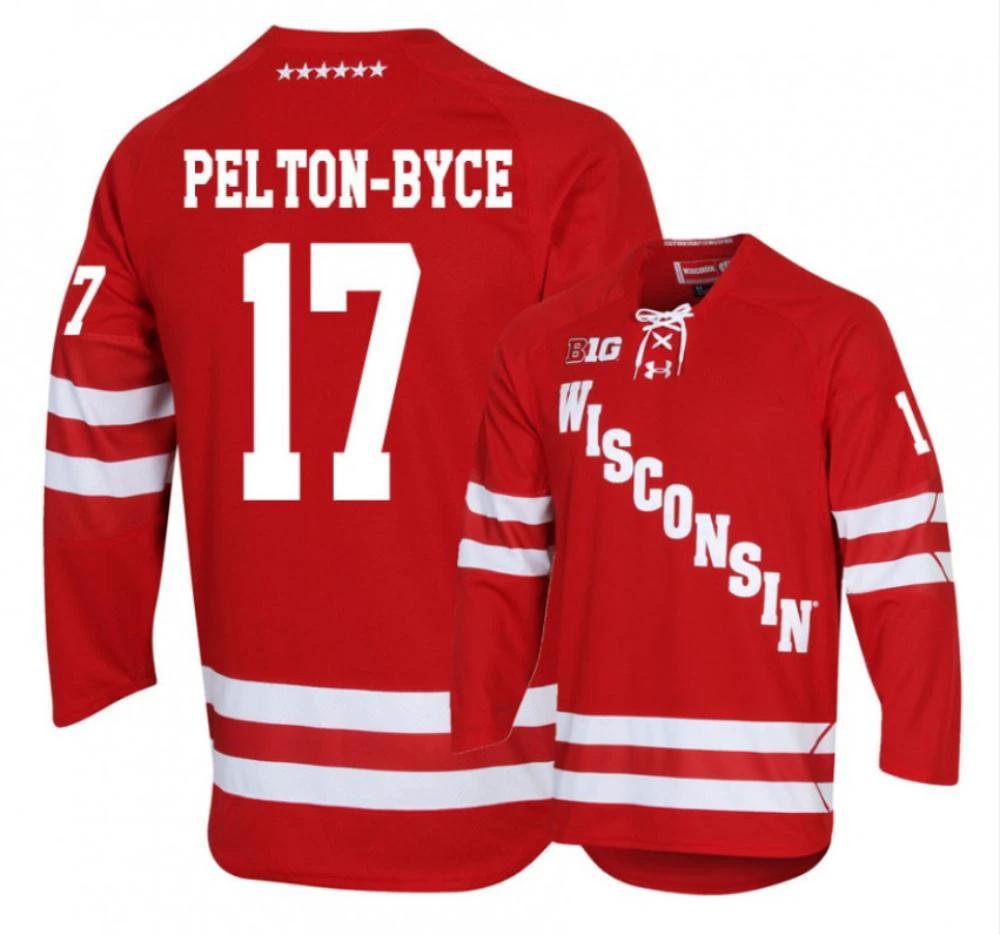 Men's Wisconsin Badgers #17 Ty Pelton-Byce College Hockey Stitched Red Jersey by Hockey David