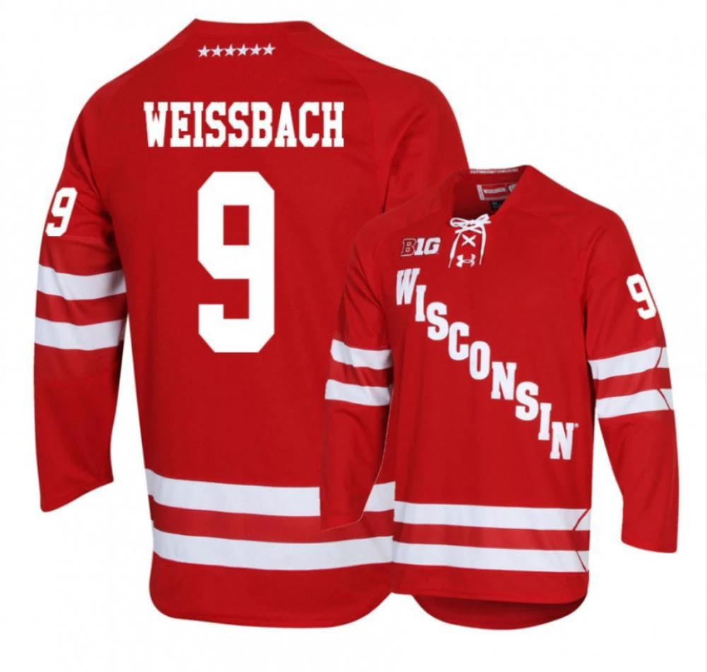 Men's Wisconsin Badgers #9 Linus Weissbach College Hockey Stitched Red Jersey by Hockey David