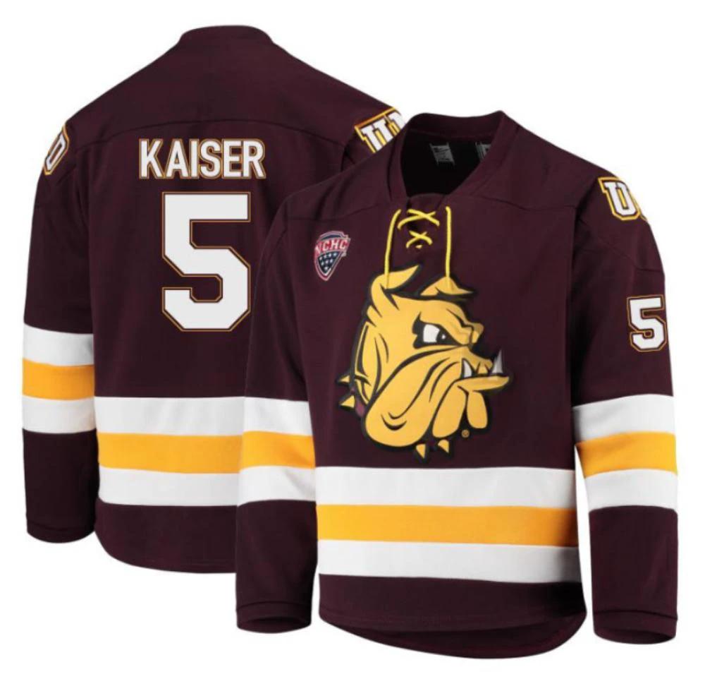 Men's Wyatt Kaiser #5 Minnesota Duluth Bulldogs Hockey Stitched Maroon Jersey by Hockey David
