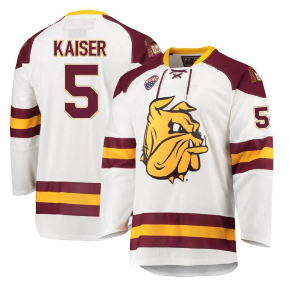 Men's Wyatt Kaiser #5 Minnesota Duluth Bulldogs Hockey Stitched White Jersey by Hockey David
