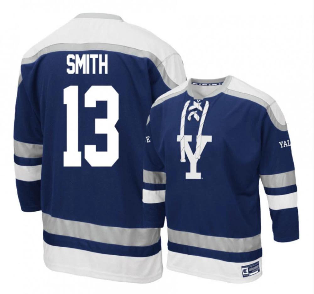 Men's Yale Bulldogs #13 Evan Smith College Hockey All Stitched Navy Jersey by Hockey David