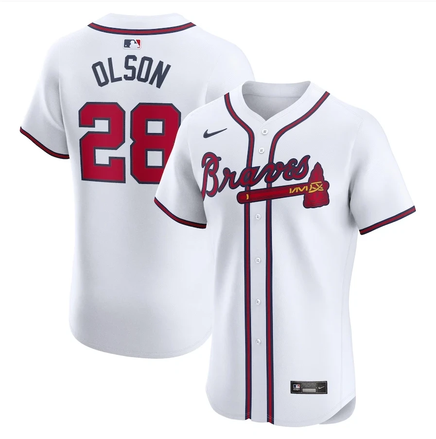 Men's #28 Matt Olson White Home Elite Player All Stitched Jersey by My Store