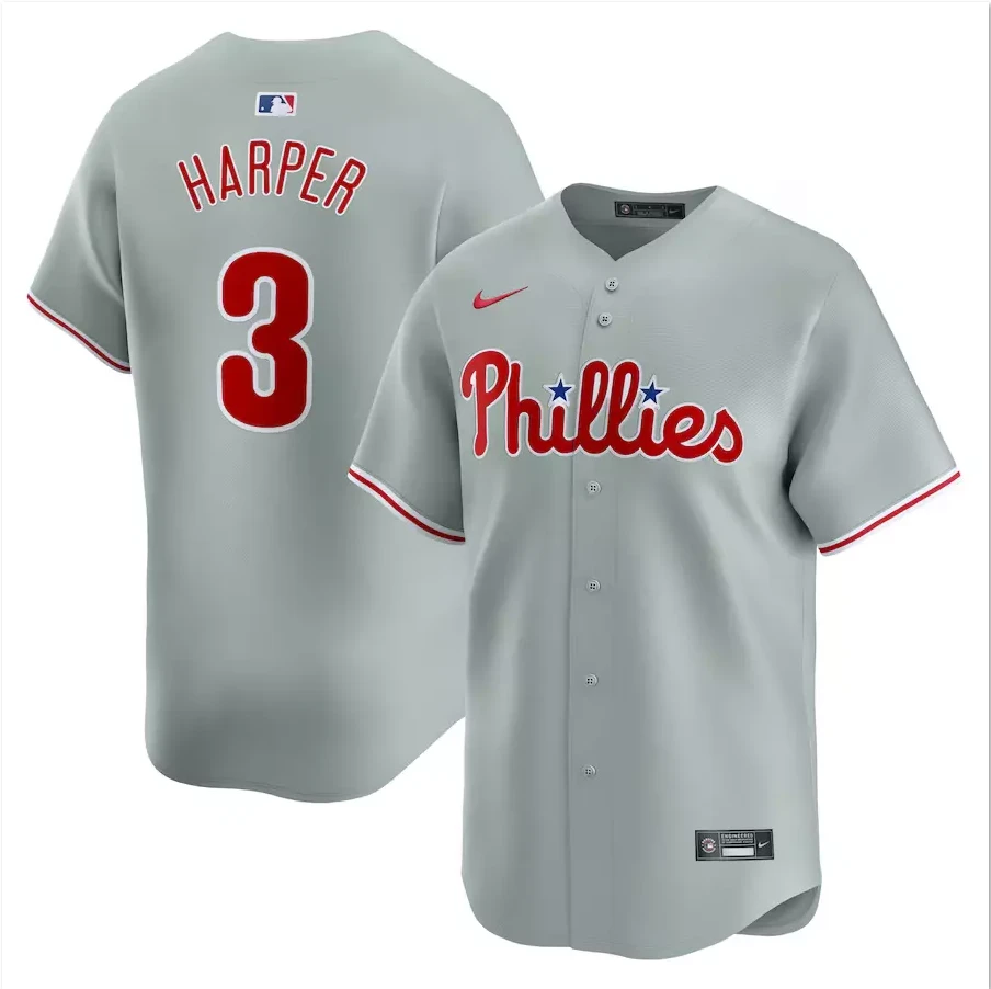 Men's #3 Bryce Harper Gray Away Limited Player All Stitched Jersey by My Store