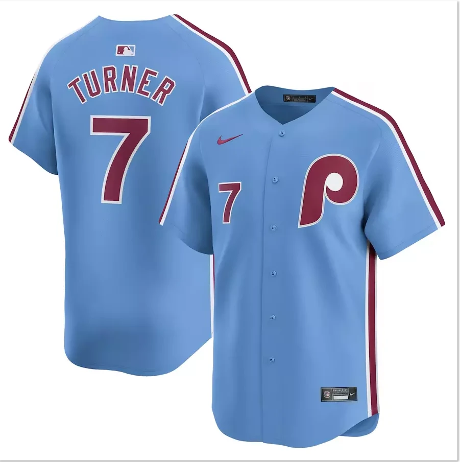 Men's #7 Trea Turner Light Blue Alternate Limited Player Jersey Stitched by My Store