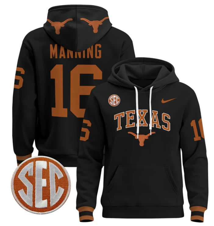 Men's Arch Manning Hoodie #16 Texas Longhorns Pullover Stitched by Hoodie Pullover