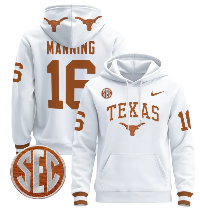 Men's Arch Manning Hoodie #16 Texas Longhorns Pullover Stitched by Hoodie Pullover