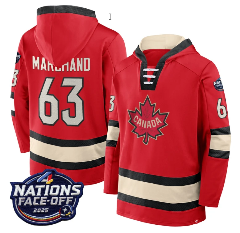 Men's Brad Marchand Hoodie #63 Canada 4 Nations Face-Off 2025 Pullover Stitched by Hoodie Pullover