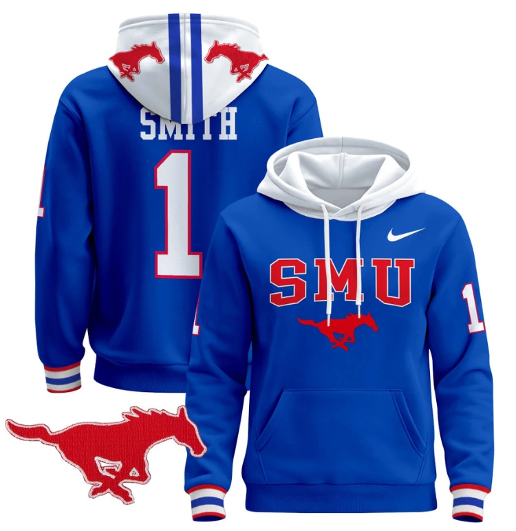 Men's Brashard Smith Hoodie #1 SMU Mustangs Pullover V2 Stitched by Hoodie Pullover