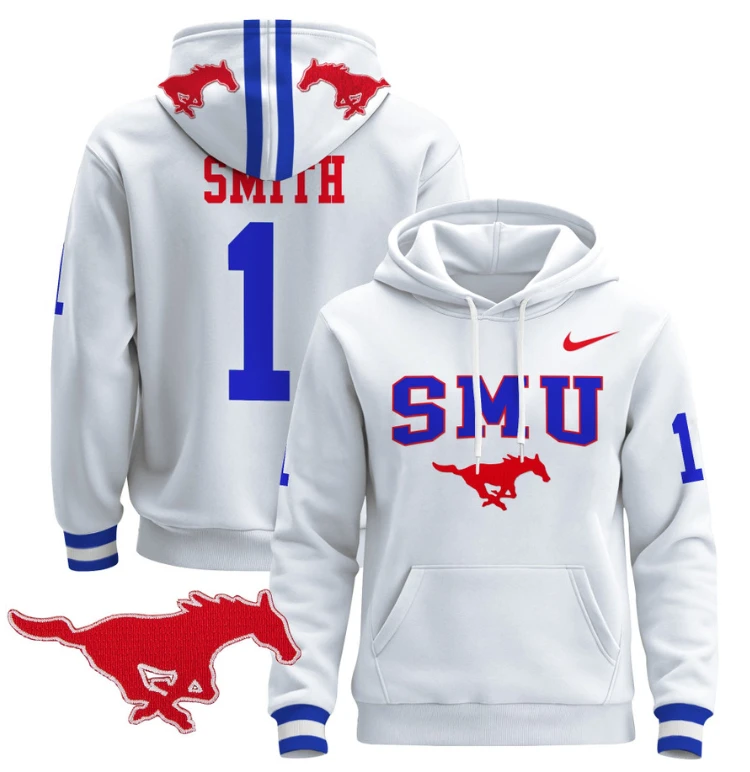 Men's Brashard Smith Hoodie #1 SMU Mustangs Pullover V2 Stitched by Hoodie Pullover