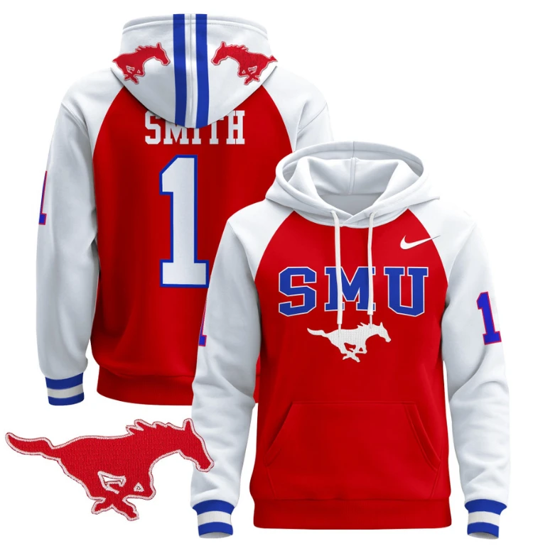 Men's Brashard Smith Hoodie #1 SMU Mustangs Pullover V2 Stitched by Hoodie Pullover
