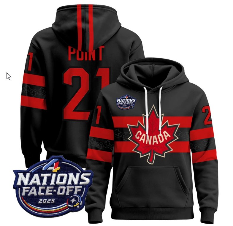 Men's Brayden Point Hoodie #21 Canada 4 Nations Face-Off 2025 Pullover Stitched by Hoodie Pullover