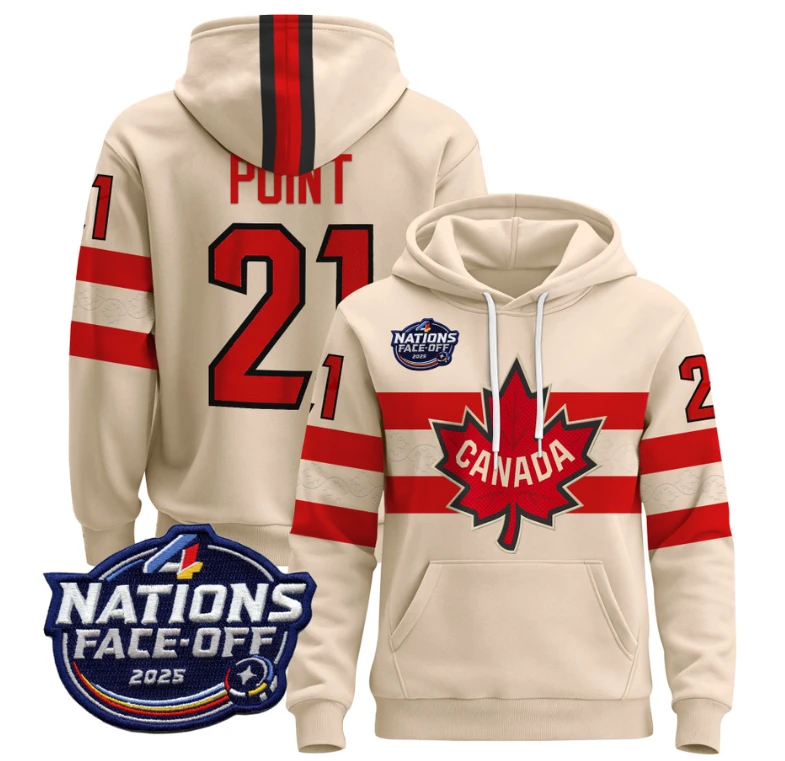 Men's Brayden Point Hoodie #21 Canada 4 Nations Face-Off 2025 Pullover Stitched by Hoodie Pullover