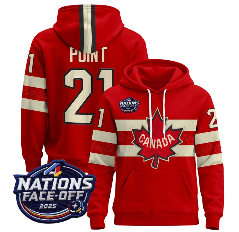 Men's Brayden Point Hoodie #21 Canada 4 Nations Face-Off 2025 Pullover Stitched by Hoodie Pullover