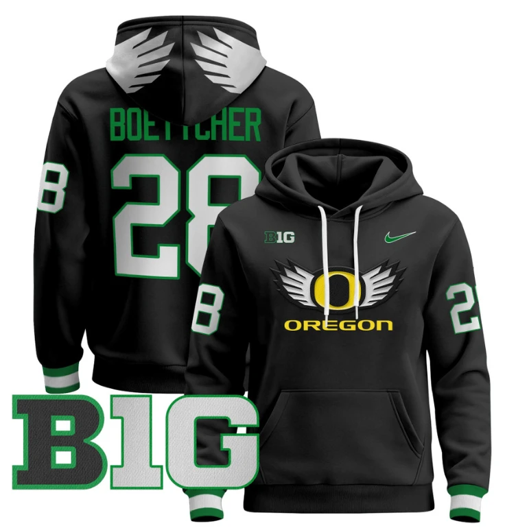 Bryce Boettcher Hoodie #28 Oregon Ducks 2024 Pullover V3 Black White by Hoodie Pullover
