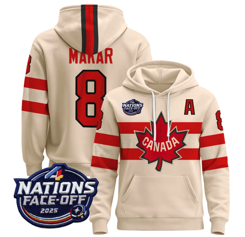 Men's Cale Makar Hoodie #8 Canada 4 Nations Face-Off 2025 Pullover Stitched by Hoodie Pullover