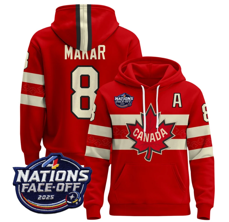 Men's Cale Makar Hoodie #8 Canada 4 Nations Face-Off 2025 Pullover Stitched by Hoodie Pullover