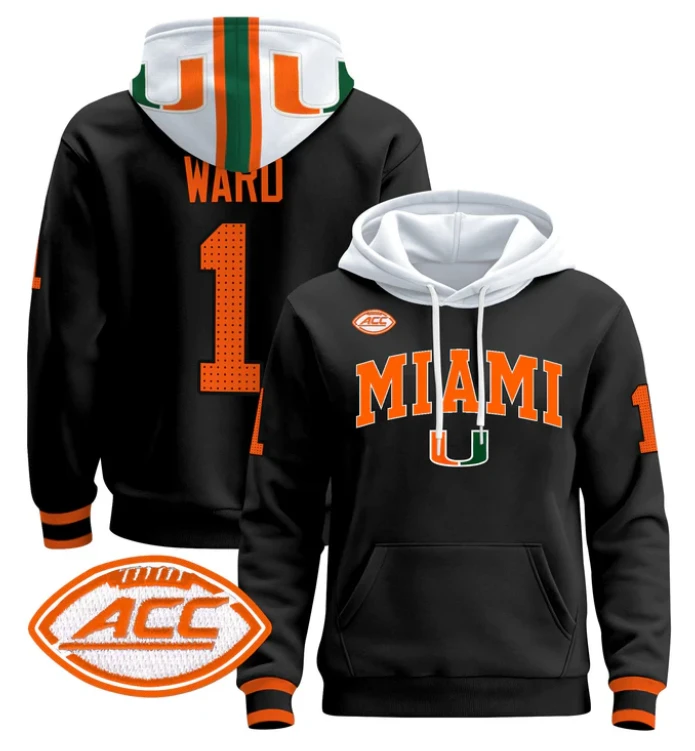 Men's Cam Ward Hoodie #1 Miami Hurricanes 2024 Pullover V2 by Hoodie Pullover