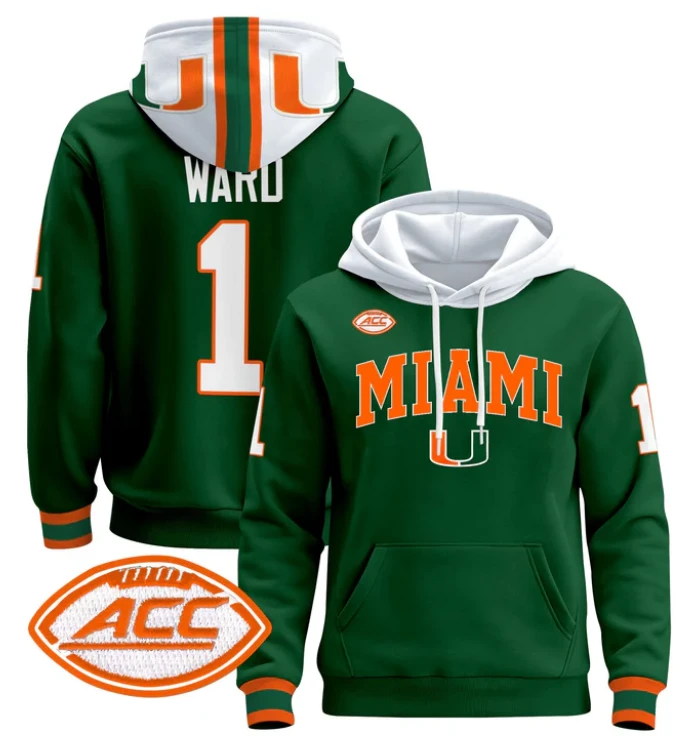 Men's Cam Ward Hoodie #1 Miami Hurricanes 2024 Pullover V2 by Hoodie Pullover