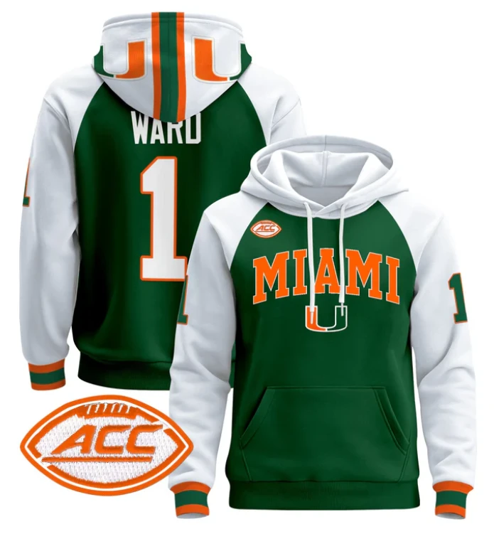 Men's Cam Ward Hoodie #1 Miami Hurricanes 2024 Pullover V2 by Hoodie Pullover
