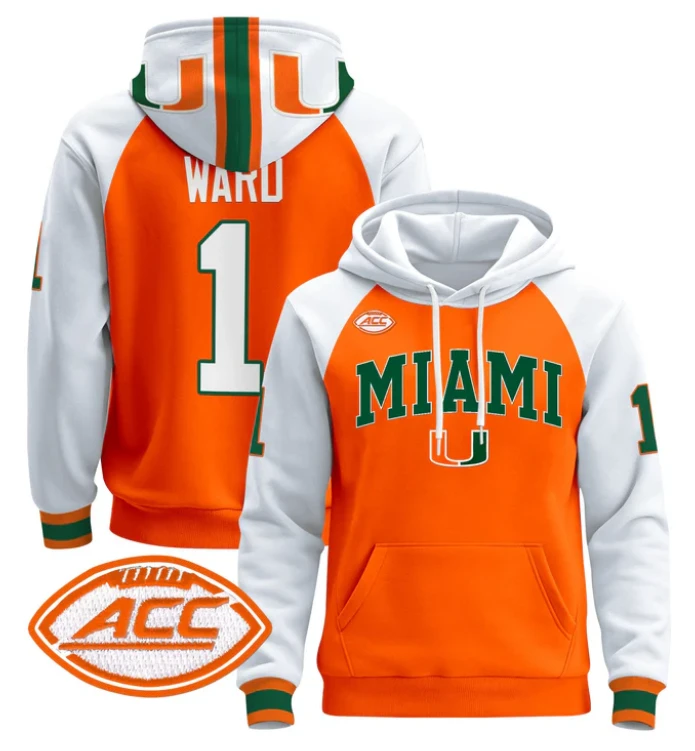 Men's Cam Ward Hoodie #1 Miami Hurricanes 2024 Pullover V2 by Hoodie Pullover