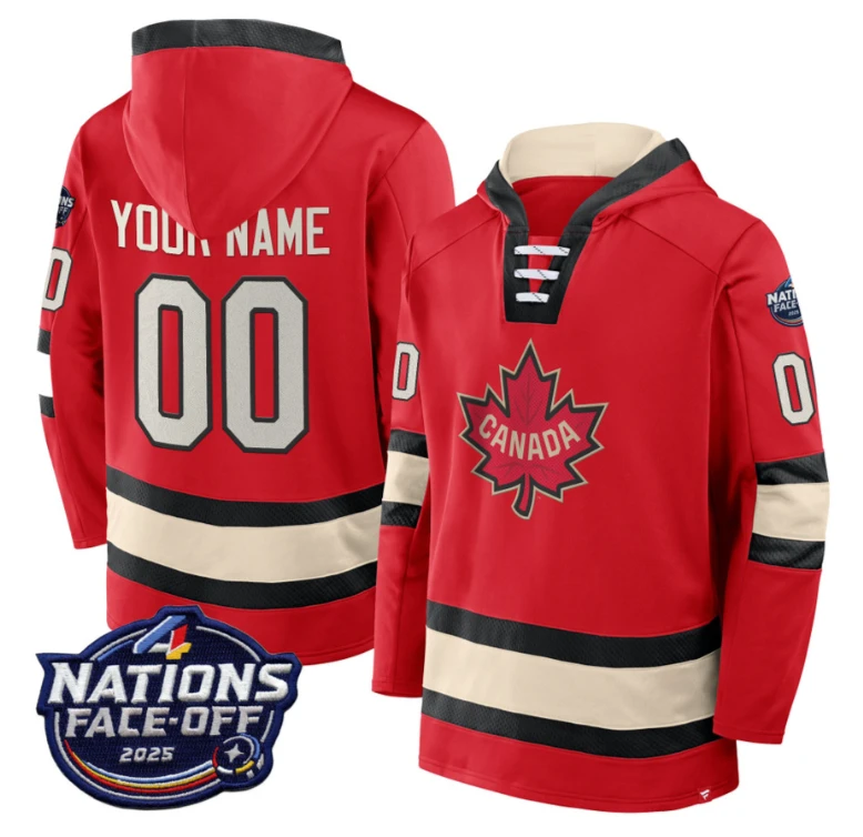 Men's Canada 4 Nations Face-Off 2025 Custom Name, Number Pullover Hoodie Stitched by Hoodie Pullover