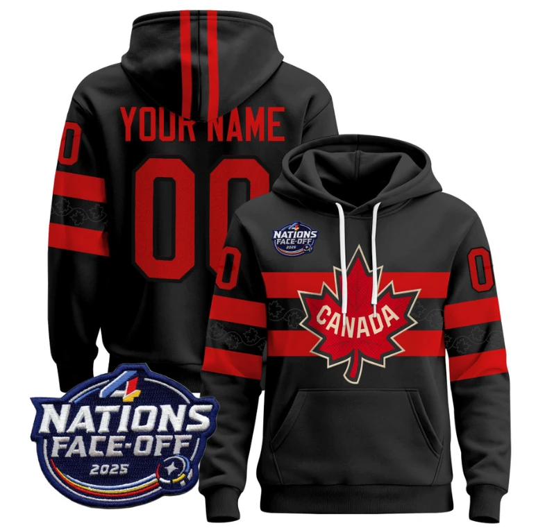 Men's Canada 4 Nations Face-Off 2025 Custom Name, Number Pullover Hoodie Stitched by Hoodie Pullover