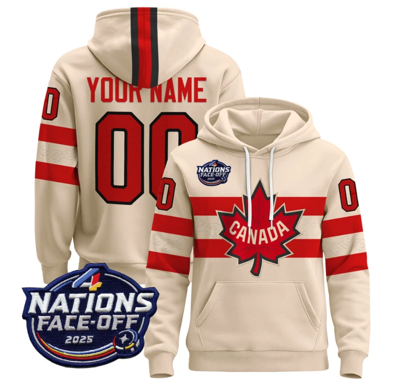 Men's Canada 4 Nations Face-Off 2025 Custom Name, Number Pullover Hoodie Stitched by Hoodie Pullover