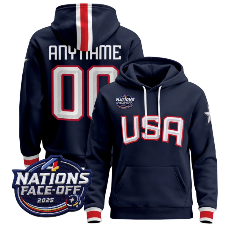 Men's Custom USA Hoodie 4 Nations Face-Off 2025 Pullover All Stitched by Hoodie Pullover