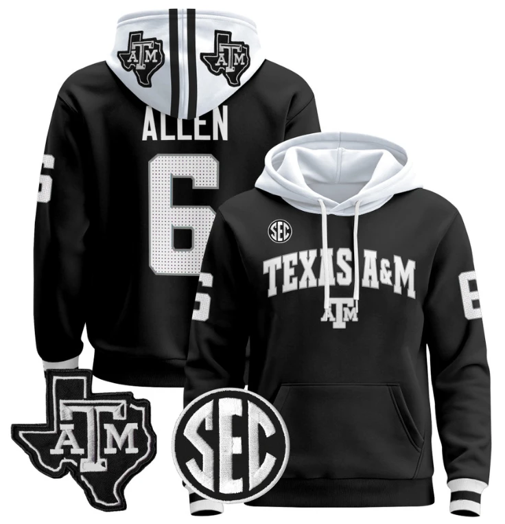 Cyrus Allen Hoodie #6 Texas A&M Aggies Pullover Stitched Black by Hoodie Pullover
