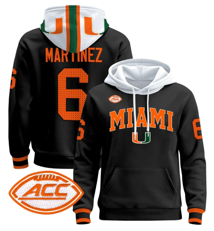 Men's Damien Martinez Hoodie #6 Miami Hurricanes 2024 Pullover V2 by Hoodie Pullover